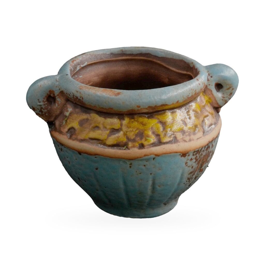 Small rustic teal-blue pot with two loop handles and a textured mustard-yellow band