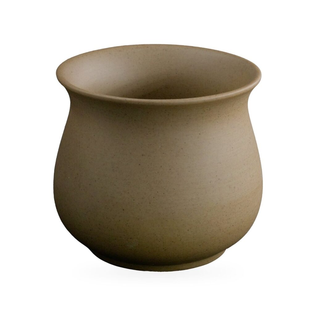 Round-bellied khaki tan succulent pot with a gently flared rim and low foot ring