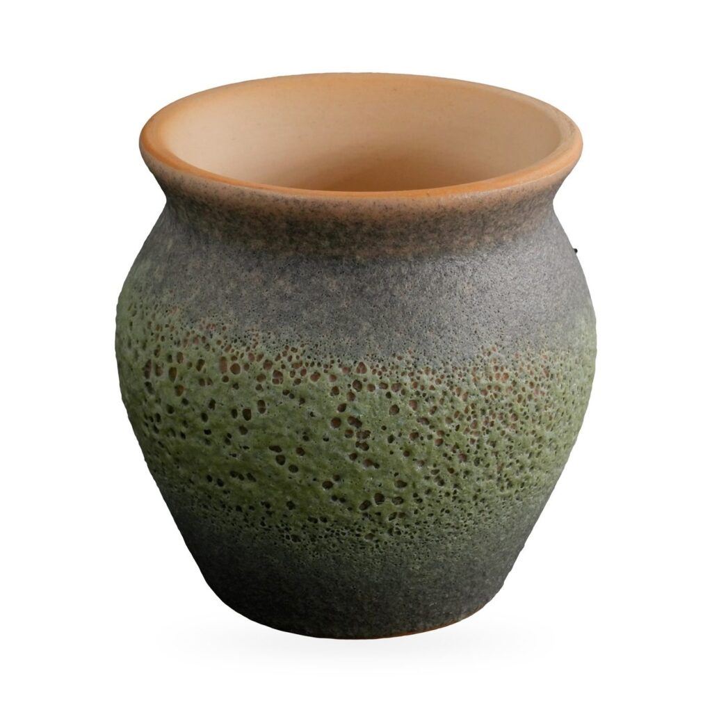Small vase-shaped pot with pitted moss-green lava glaze and terracotta-orange rim