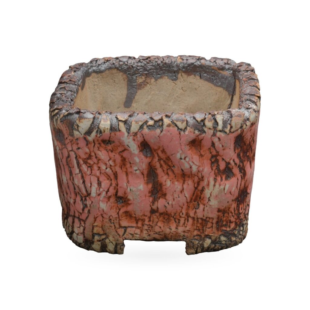 Square coral-pink bark-texture pot with dark brown crackle, rugged rim and cut-out corner feet