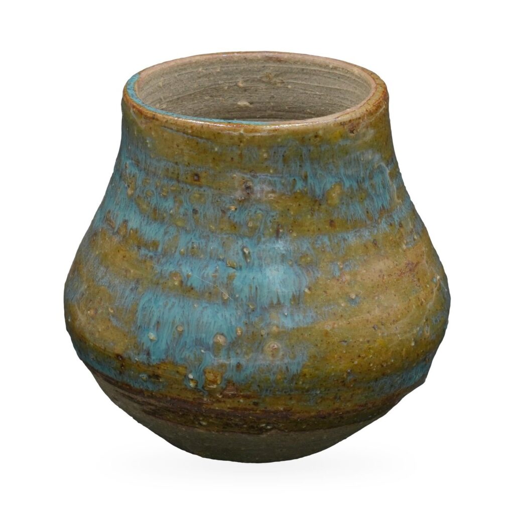 Bulbous vase-shaped pot with speckled olive and ochre glaze and teal-blue drips
