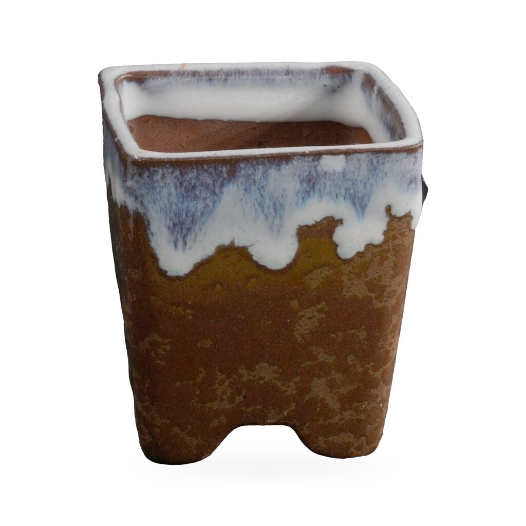 Square brown footed pot with a blue-streaked white drip-glaze rim, 6×6.5cm