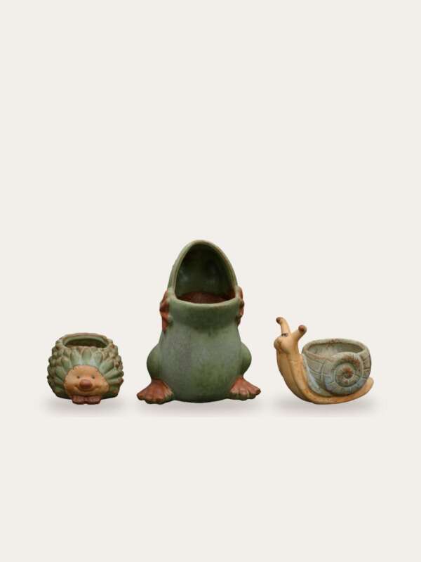 Frog, hedgehog and snail planters