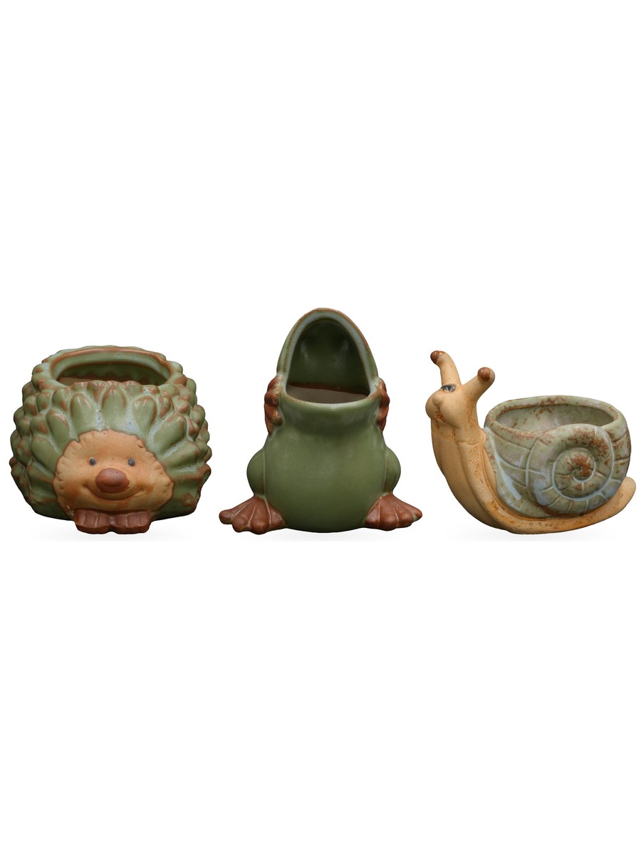 Frog, hedgehog and snail planters