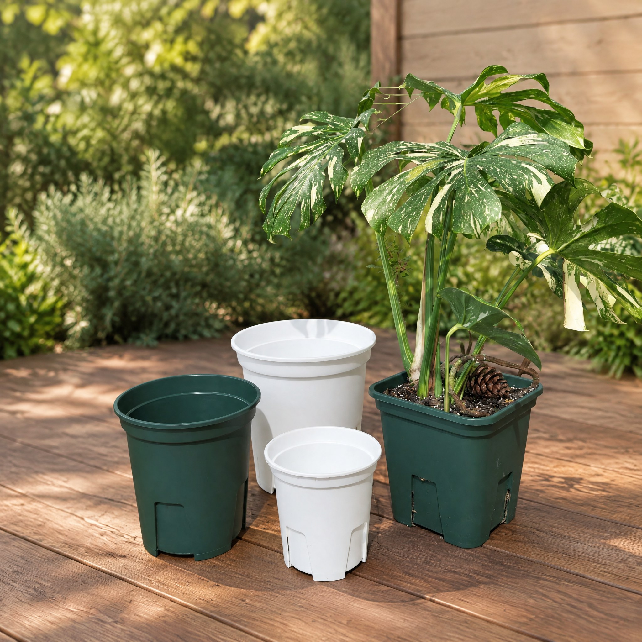 White and green nursery pots with a variegated monstera on a wooden deck